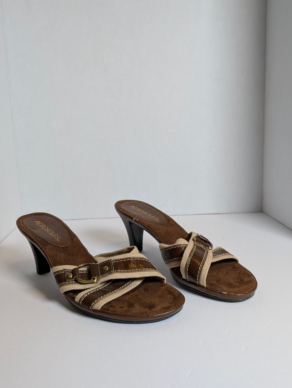 Aerosoles Womens 6.5M Brown Canvas Faux Leather Buckled Heeled Mule Sandals Y2K